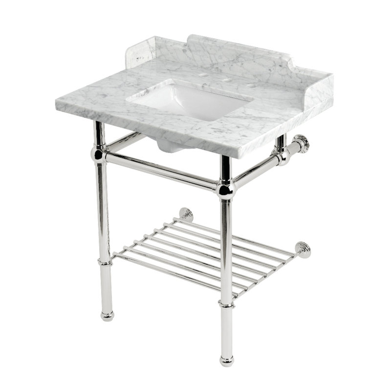 Kingston Brass Pemberton 30-Inch Carrara Marble Console Sink with Brass Legs and Shelf (8-Inch, 3-Hole)