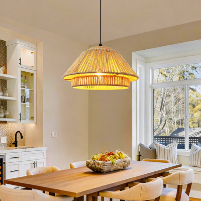 Hand-woven Rattan Pendant Light, Adjustable Height Boho Ceiling Light Fixture For Kitchen Island, Living Room, Bedroom
