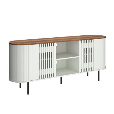 Meuble télé 65 po pour téléviseur de 75 po ou moins, meuble télé Mid-Century avec tablettes réglables, profil courbé, console multimédia pour le salon, blanc et chêne