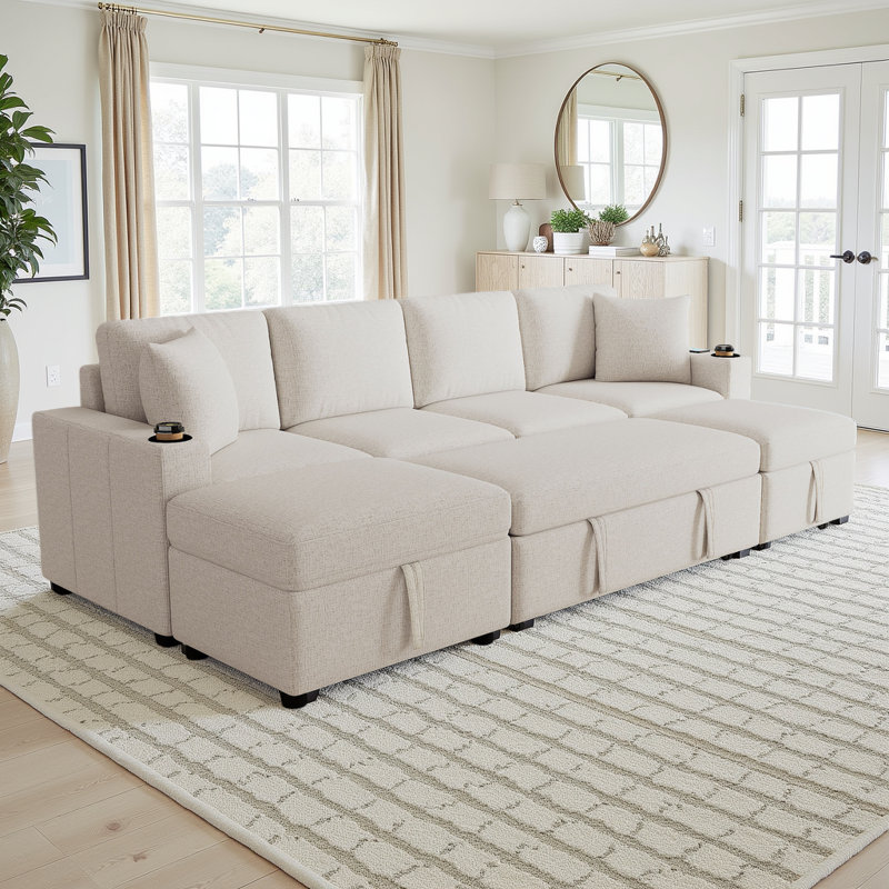 Canapé modulaire de 109 po - Canapé-lit convertible avec repose-pieds de rangement et ports USB, Beige