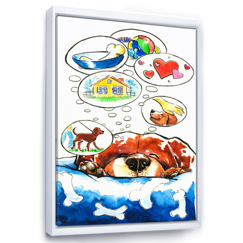 Dog Dreams - Peinture sur toile, H 32 po x l 16 po x P 1 po, Cadre flottant blanc