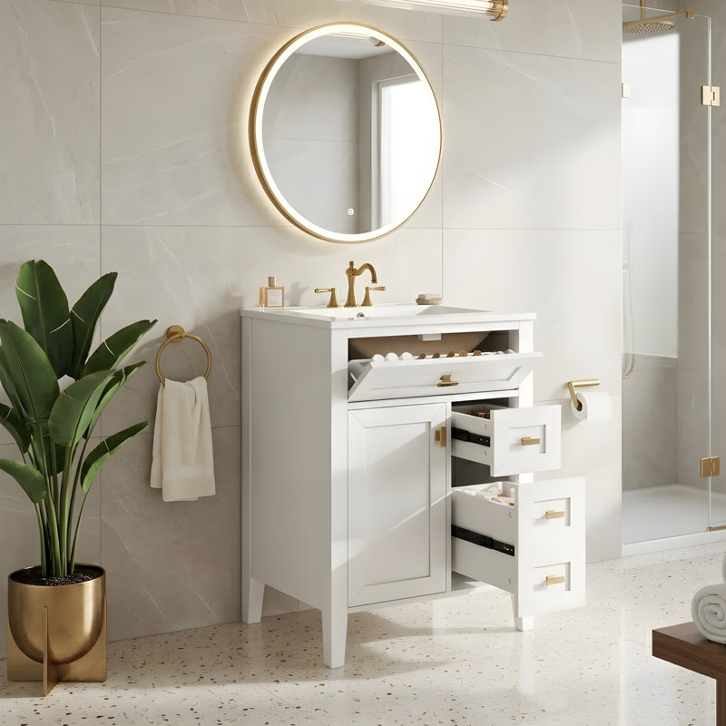 Meuble-lavabo de salle de bain avec lavabo et rangement polyvalent, Blanc, 24