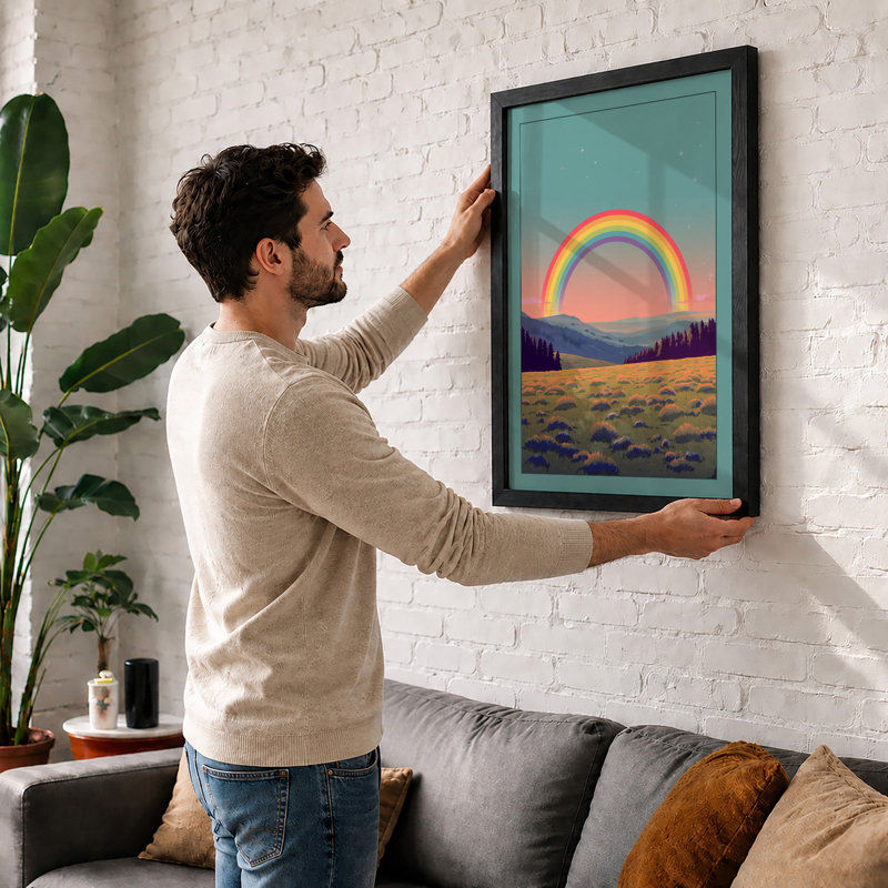 Rainbow Over Mountains Modern - Framed Print, A4 - 29.7 x 21.0 cm, White