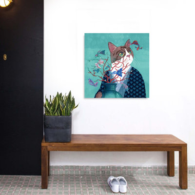 Kimono Cat And Coral Fish Contemporary Cat Fish Wall Art Print 1 Piece Wrapped Canvas Wall Art