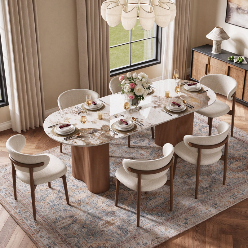 Mid-Century Modern Beige Dining Chairs, Brown Solid Oak Wood Kitchen Chairs for Dining Room, Off White Cotton Linen, No Assembly Required