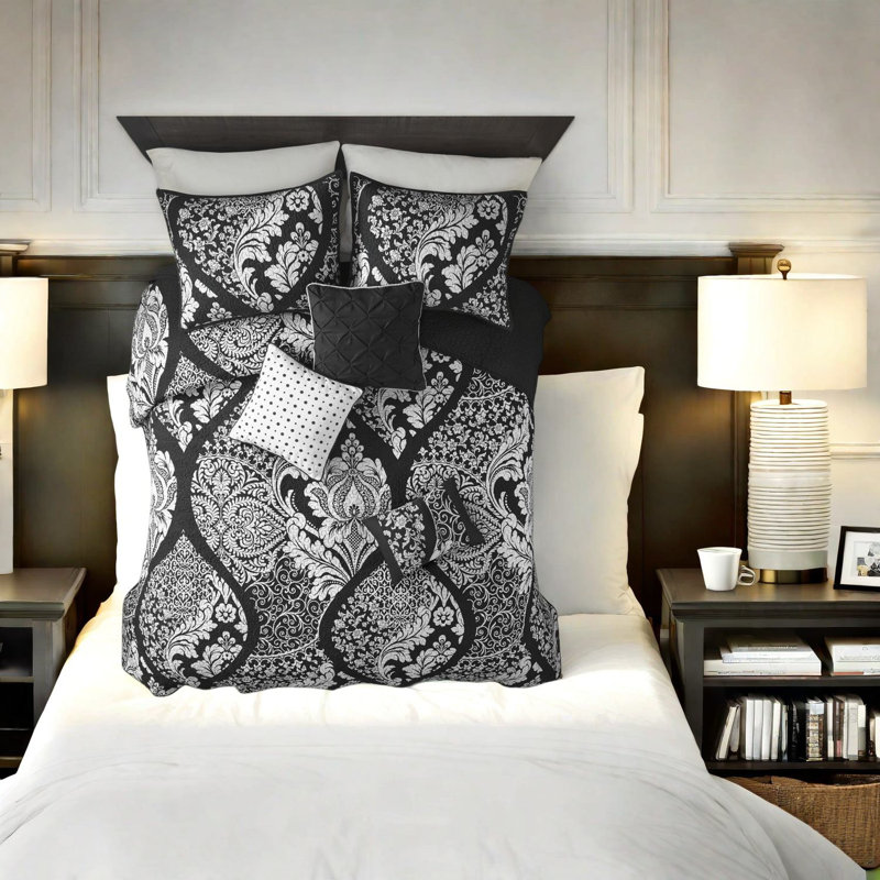 Ensemble de literie chic en coton noir, courtepointe réversible, style maison élégant
