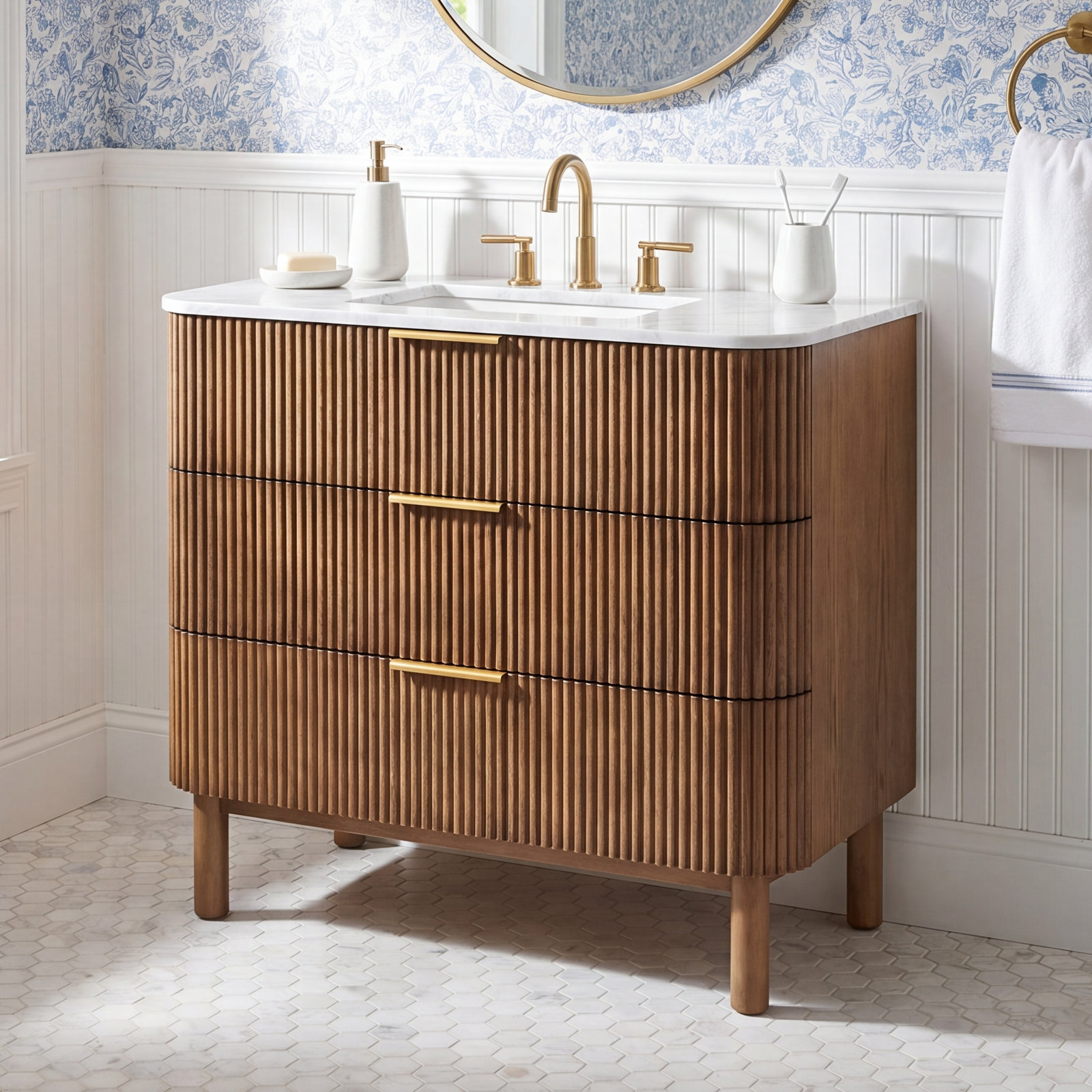 Nova 36" Carrara Marble Single Bathroom Vanity, Brown Reeded Birch