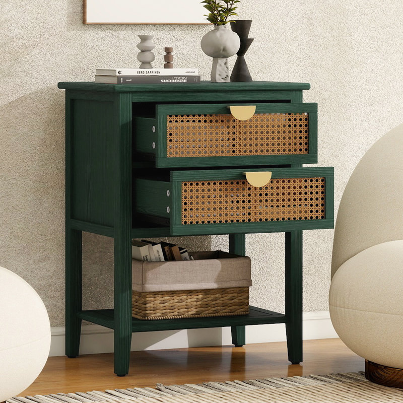 Table de bout avec 2 tiroirs et table d'appoint en bois avec poignées dorées et rotin naturel pour le salon, la chambre à coucher et les petits espaces