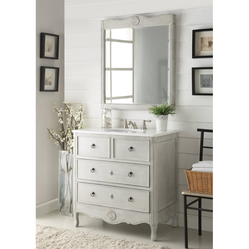 Nallely 34'' Single Bathroom Vanity with Marble Top, Distressed White
