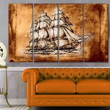 Ancient Sailboat Drawing On Canvas 4 Pieces Print