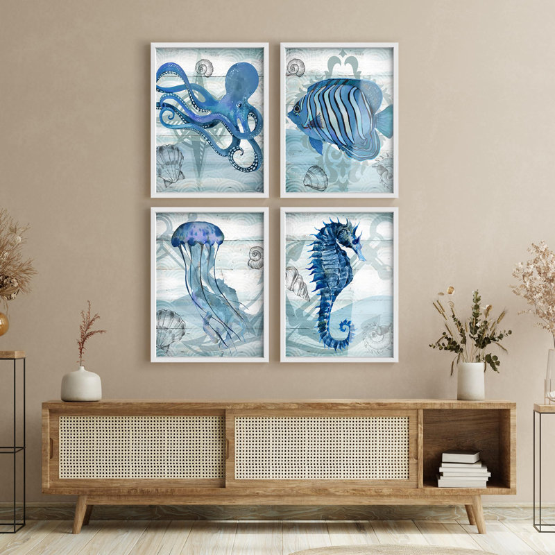 Framed Wall Art Print Gallery Set, Octopus, Clownfish, Jellyfish Amphibians Wilderness Digital Art Modern Nautical Multicolor Blue for Living Room, Bedroom, Office