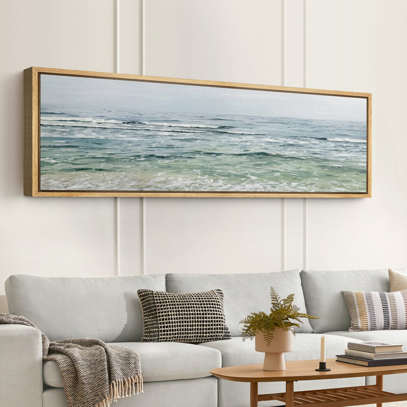 Serene Coastal Waves on Sandy Beach - Pictures Extra Large Framed Canvas Print Wall Art, Natural Floater Framed
