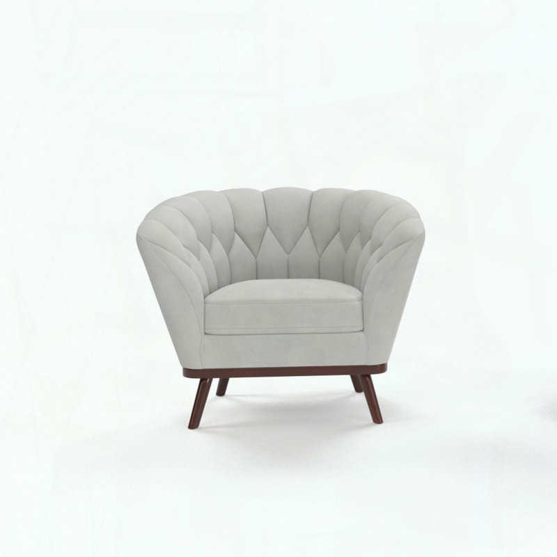 Fauteuil demi-tonneau en velours gris clair - Capitonné - Pieds espresso