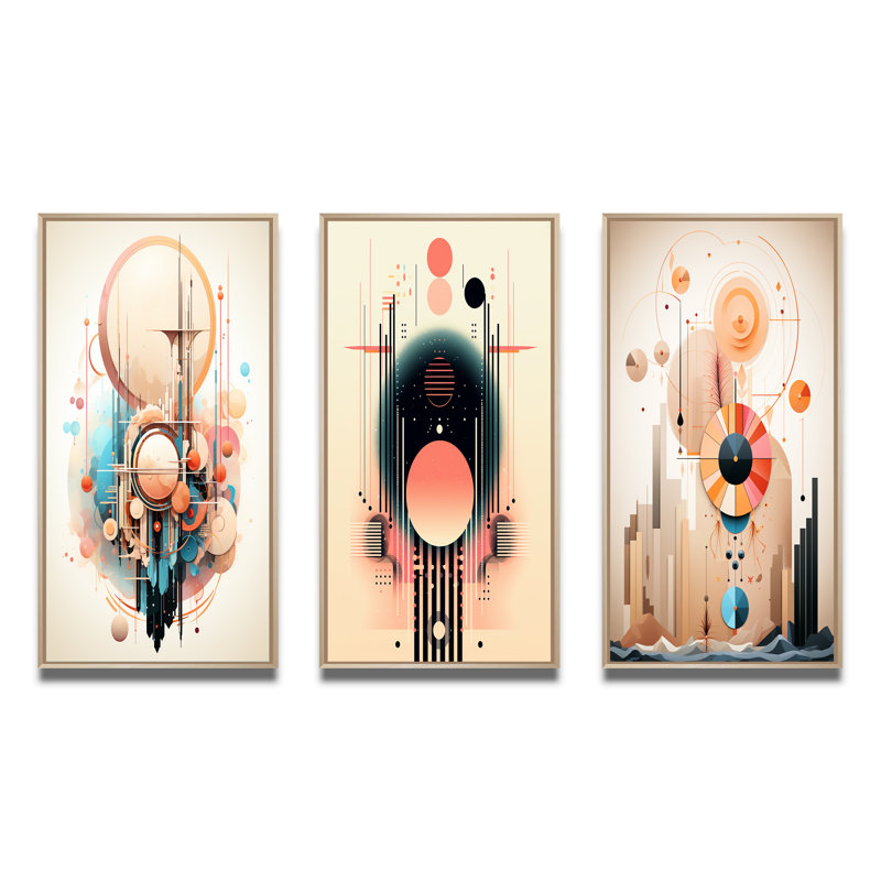 «Glorious Elegance Art Nouveau Abstract Geometric I», 3 pièces sur toile, Cadre naturel flottant, H 28 po x l 36 po