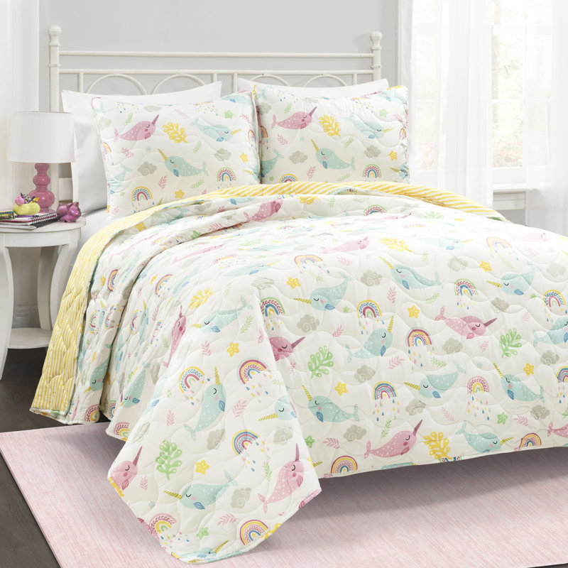 Magical Narwhal Reversible Oversized Quilt Set Twin, Twin Quilt + 1 Standard Sham