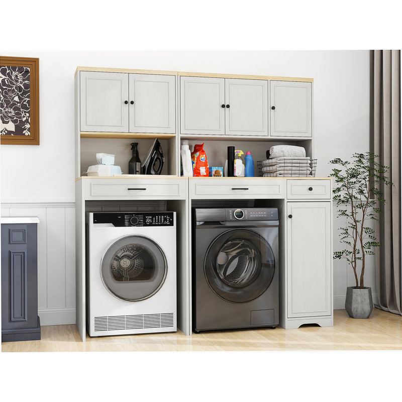 Over The Washer And Dryer Storage Cabinet Suitable For Compact Washing Machines, Laundry Room Storage Organizer With 1 Laundry Basket, 4 Doors, 1 Drawer And 2 Adjustable Shelves-Antique
