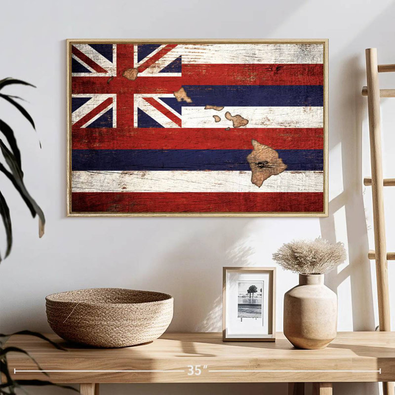 Carte d'État sur le drapeau d'Hawaï, 13 po x 9 po, Cadre flottant en bois naturel