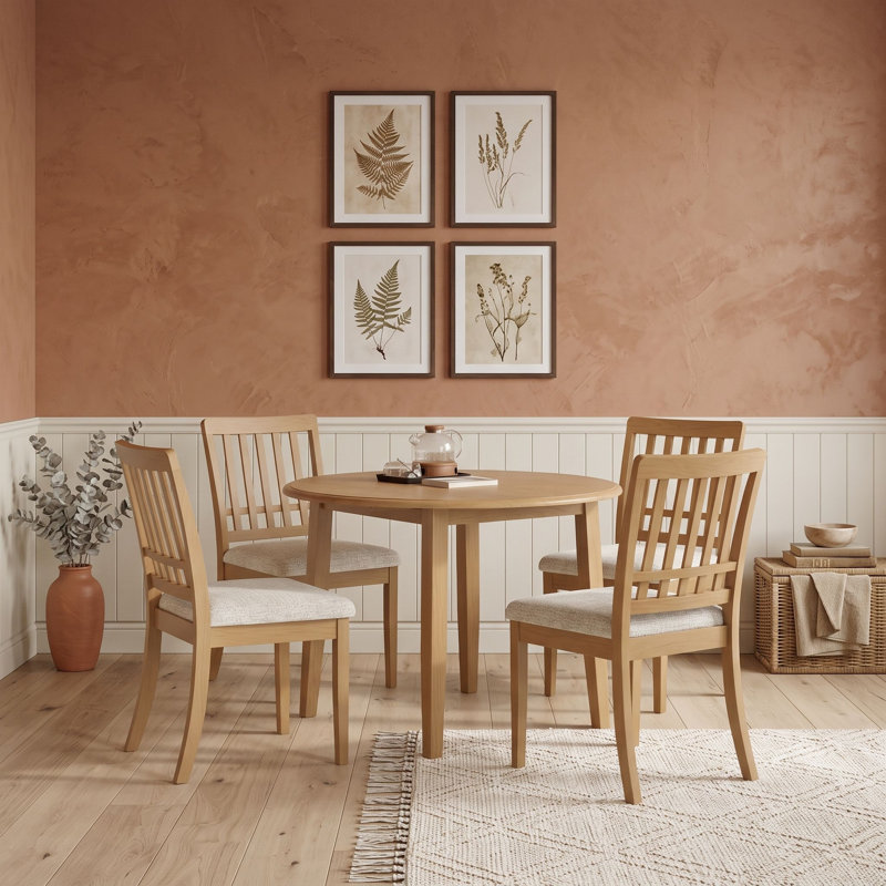 5-Piece Extendable Round Dining Table Set with 4 Upholstered Chairs, Space-Saving Kitchen Dining Set with Drop Leaf