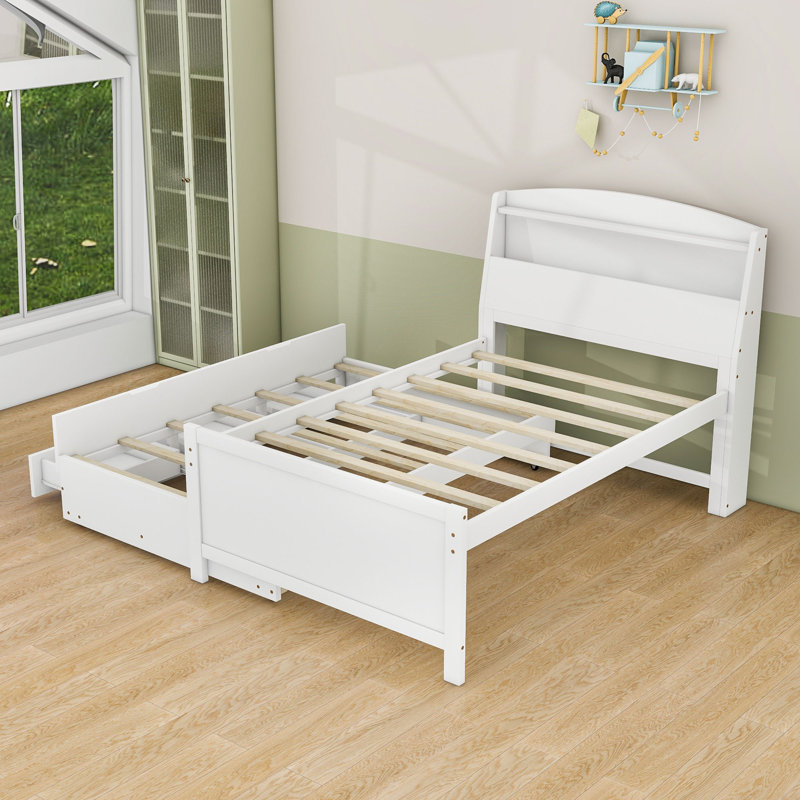 Lit plateforme en bois Sinit avec tête de lit DEL, tiroirs et lit gigogne simple, Simple