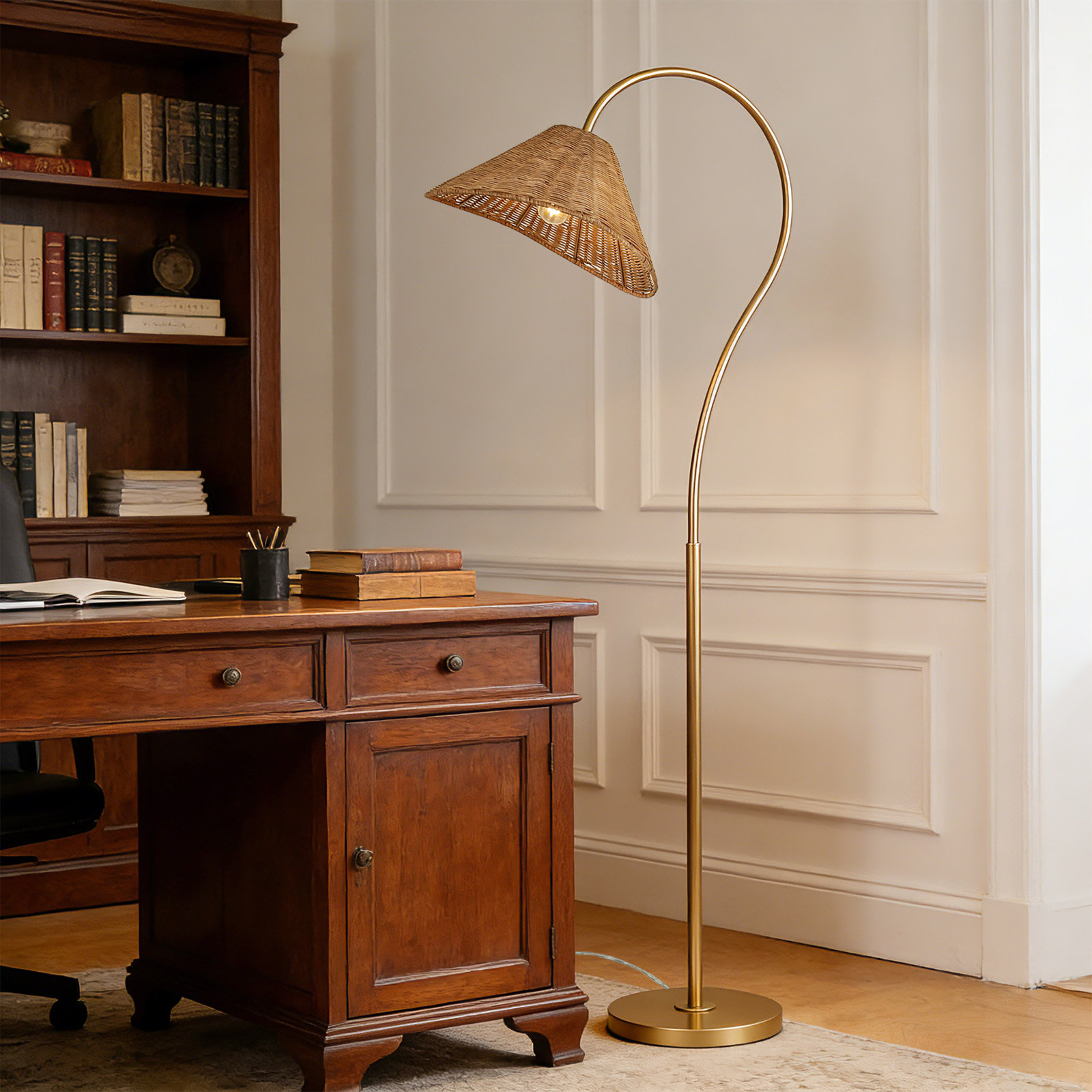 65” Arched Dimmable Rattan Floor Lamp, Gold