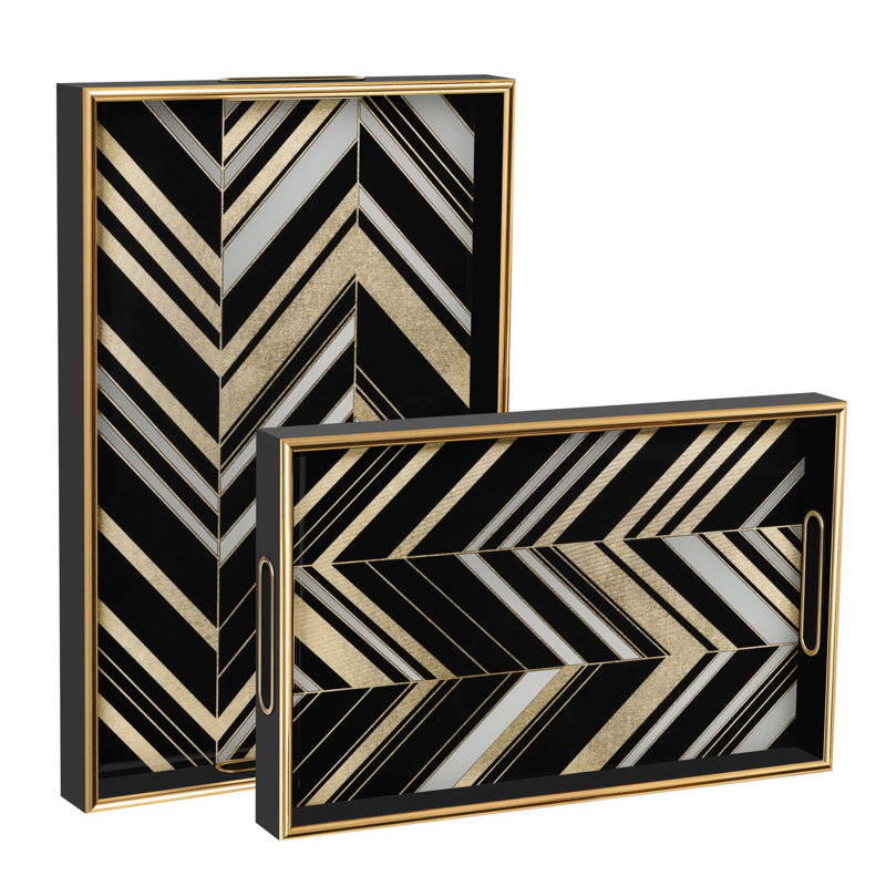 Savoy Black & Gold Art Deco Stackable Serving & Display Trays Set Of 2 (Abstract Chevrons)