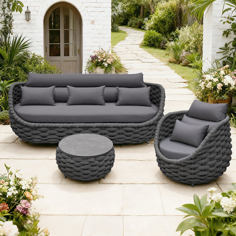 Fahiye 4 - Person 3 Piece Aluminum Sofa Seating Group with Cushions, Dark Gray