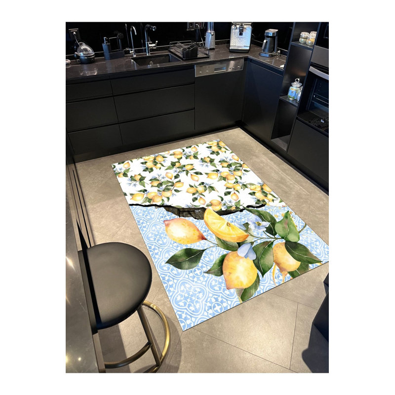 Tapis tissé à motif numérique citron et bleu, Sous-tapis rectangulaire de 3 pi 3 po x 4 pi 11 po