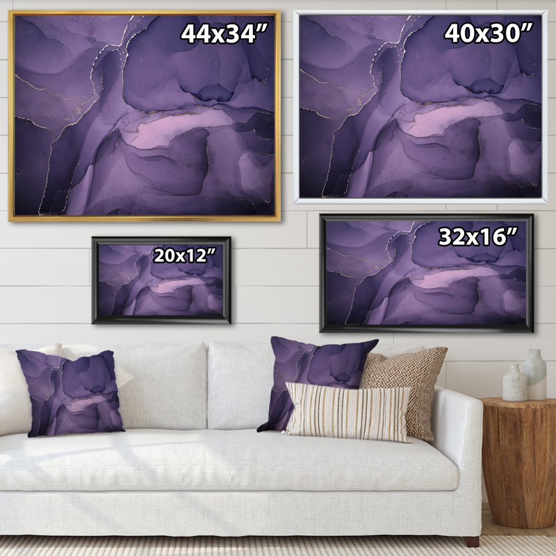 " Purple And Grey Marble Ink Clouds II ", 30" H x 40" W x 1.5" D, Black Floater Framed