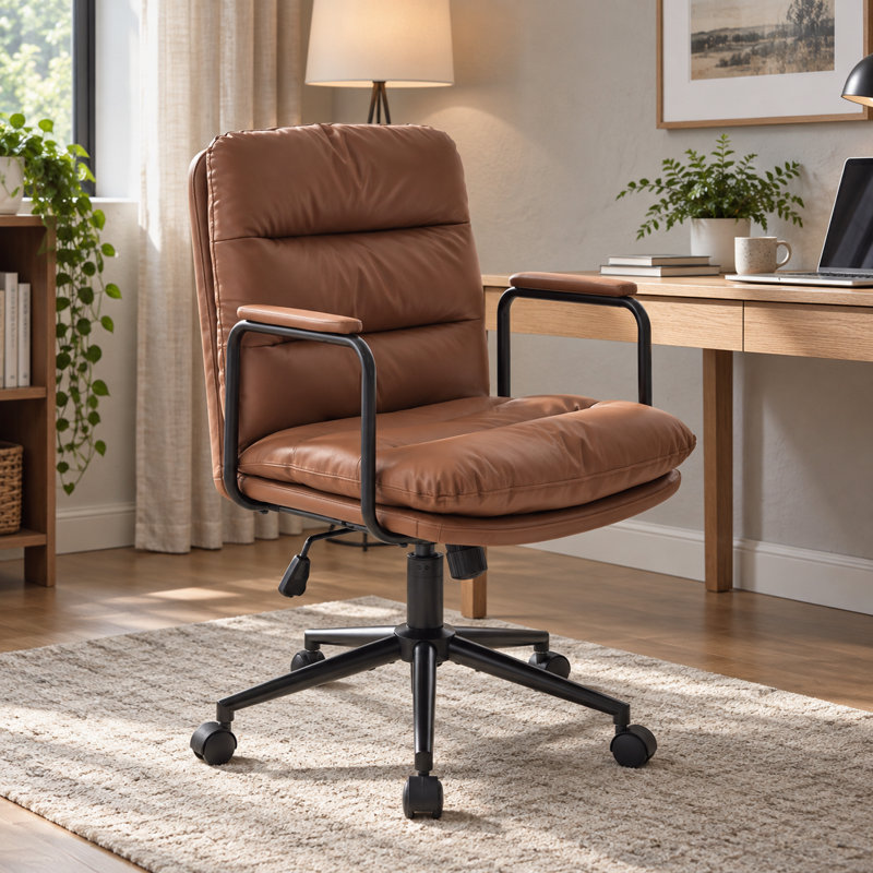 Chaise de bureau en polyuréthane, chaise de bureau pivotante à hauteur réglable avec accoudoirs rembourrés, coussin épais et pochette de rangement, chaise d'ordinateur ergonomique pour le bureau personnel