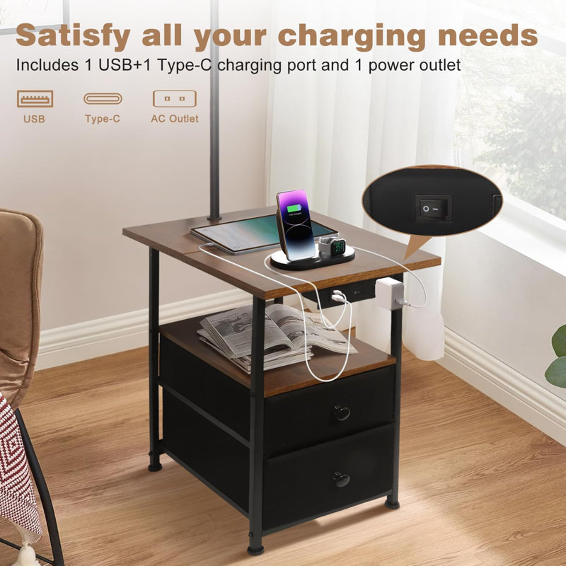 Floor Lamp With Table & 2 Drawers End Table With 3 Colour Temperature Reading Light Side Table Lamp With USB & Type C & AC Charging Port