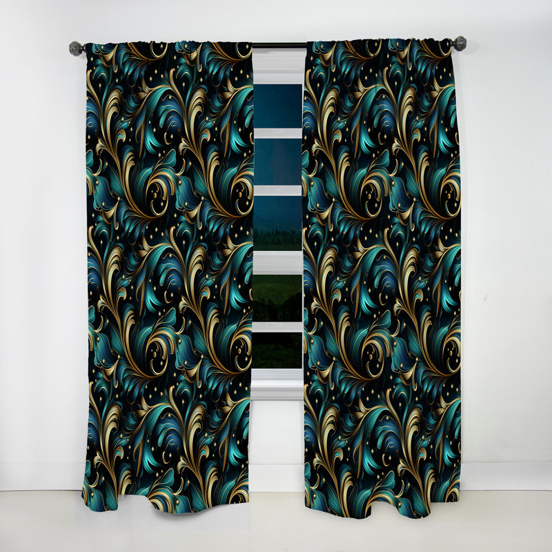 Gold And Blue Luxury Damask Serenade IV - Bohemian Velvet Curtain - Room Darkening - 1 Panel, 52" W x 120" L