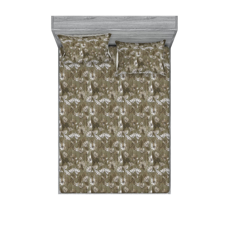 Ambesonne Fitted Sheet & Shams, Olvie Green/White/Cocoa Flower, Full Sheet Set with 2 Pillowcases