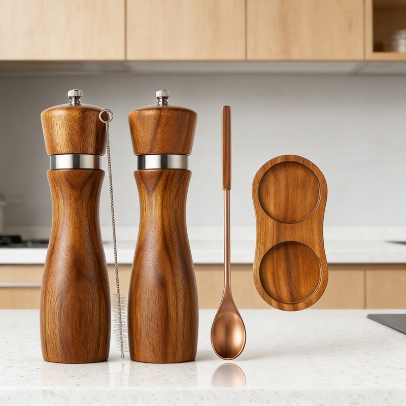 Ensemble de 2 moulins à sel et à poivre en bois d'acacia, avec grosseur réglable, noyau de broyage en céramique et plateau en bois, cuillère et brosse de nettoyage en prime