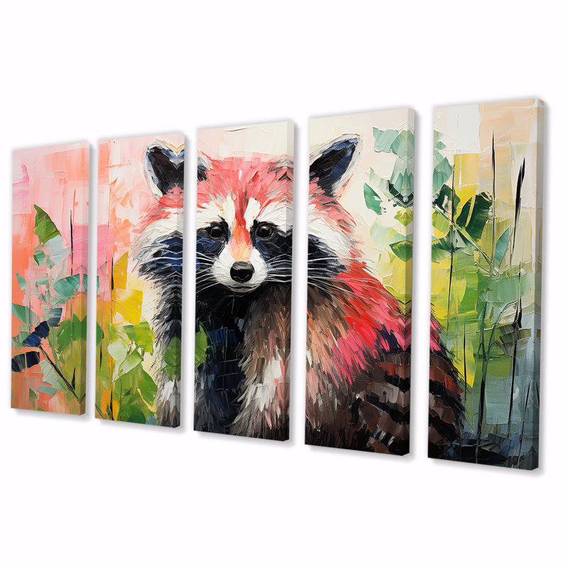 «Black and Green Raccoon Flower II - Raton laveur», ensemble de 5 décorations murales, H 28 po x l 60 po