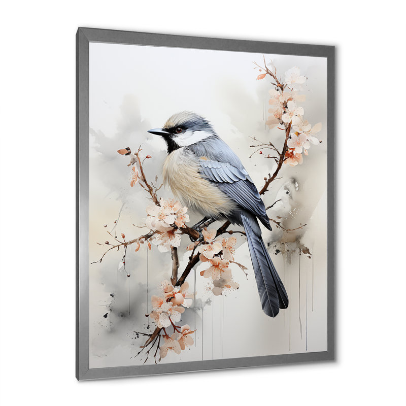 «Hosna Asian Art Bird Sumi II», reproduction sur toile, Cadre photo argenté, H 40 po x l 30 po x P 1,5 po