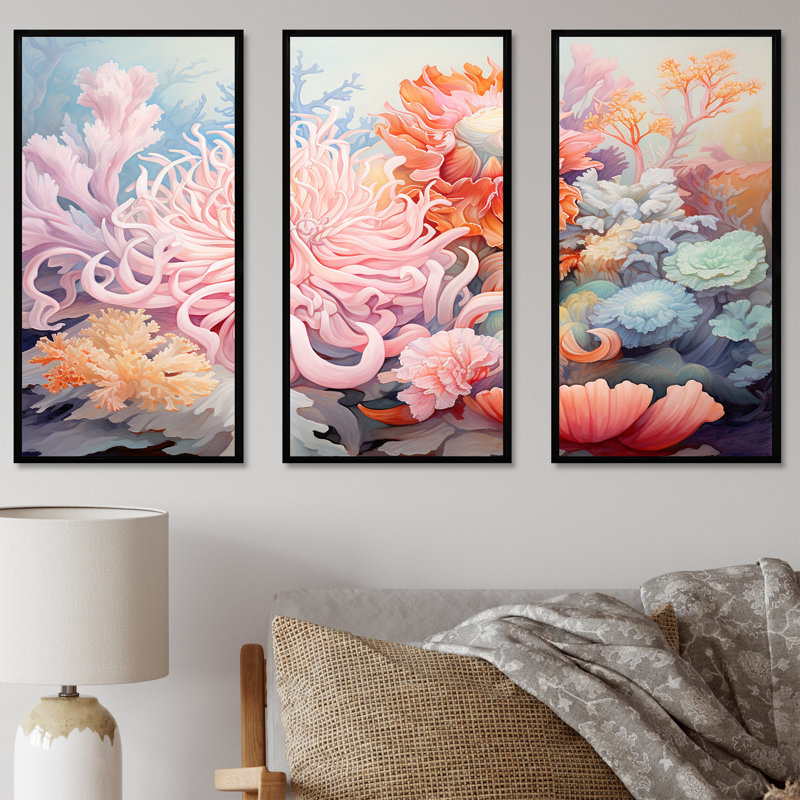 «Pink Anemone Symphony - Coastal Coral Under Water», art mural sur toile, Cadre flottant noir, H 32 po x l 48 po x P 1 po