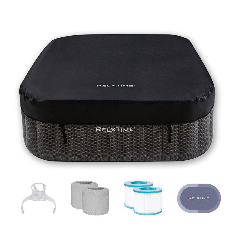 RELXTIME 73x73 Inch Installation-free Portable Inflatable Jacuzzi Hot Tub, 130 Soothing Massage Jets, Built-in Chassis, Outdoor Inflatable Spa With Cup Holder, 2 Filter Cartridges,Black