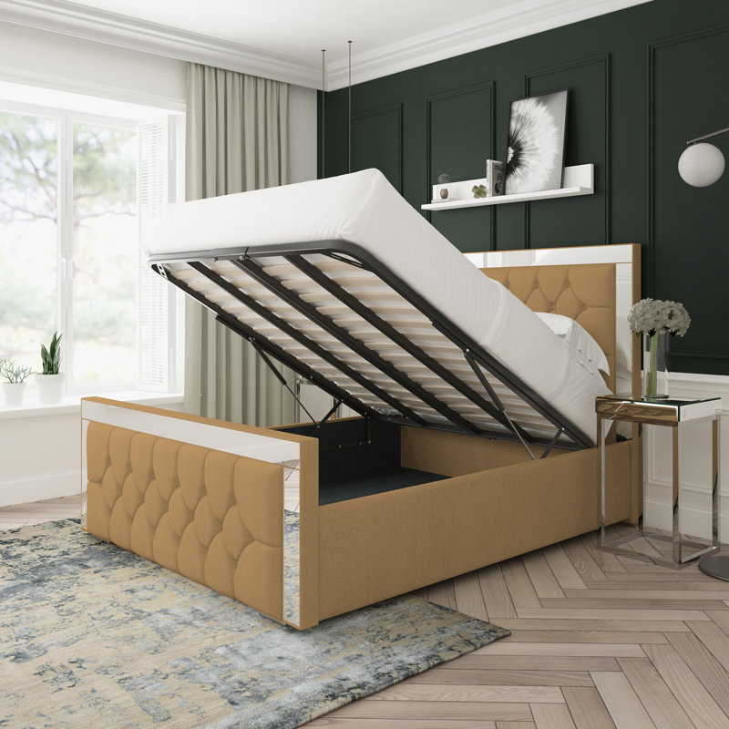 Sage Wool Upholstered Ottoman Bed Frame, Latte, Double (4'6)