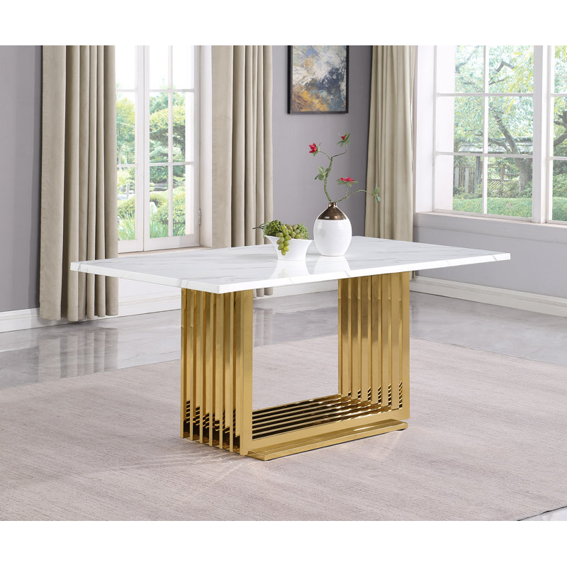 Table à manger en marbre blanc Keera, Doré, 30 po H x 68 po L x 38 po l
