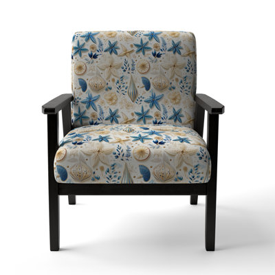 Blue And White Coastal Retreat Seashells - Upholstered Farmhouse Arm Chair, Rustic Floral Accent Chair