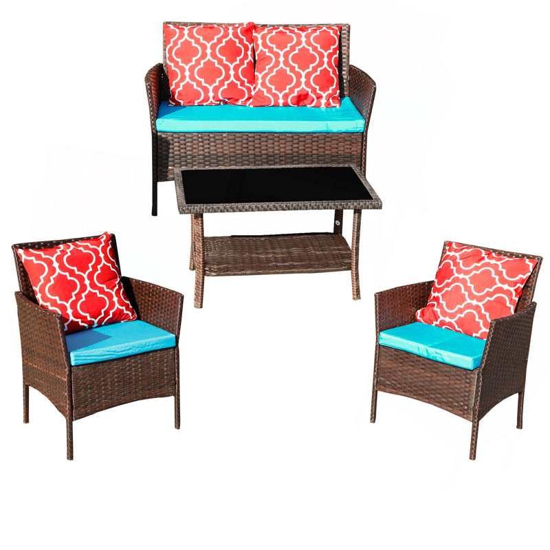 Ensemble de canapé quatre pièces avec canapé et chaise d'extérieur en rotin, Bleu