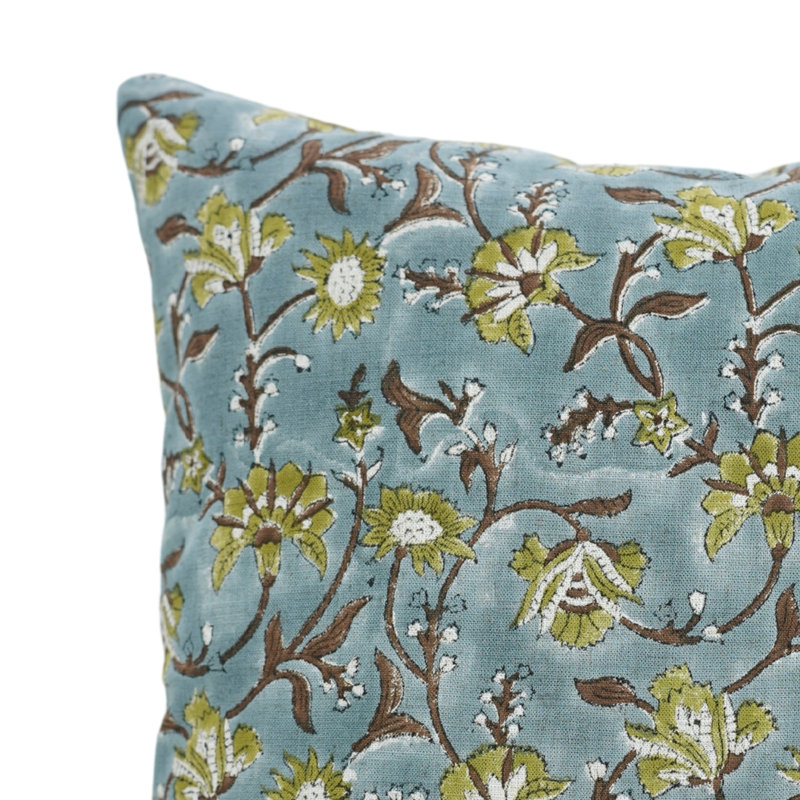 Housse de coussin en lin fabriquée à la main Fabividine Nayab, H 20 po x l 20 po, Motif floral bleu 2, Carré