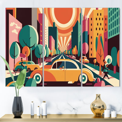 «Colorful Cityscape Cars I», reproduction sur toile 3 pièces