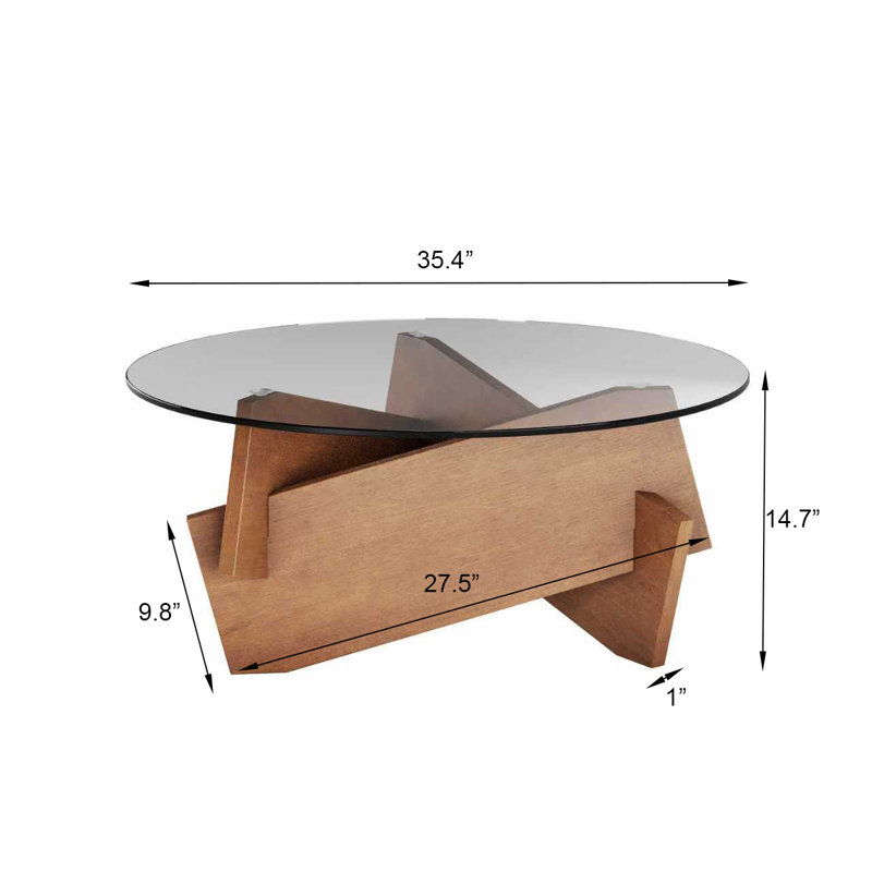 Table basse ronde 35,4 po, plateau en verre trempé, base en placage de bois massif