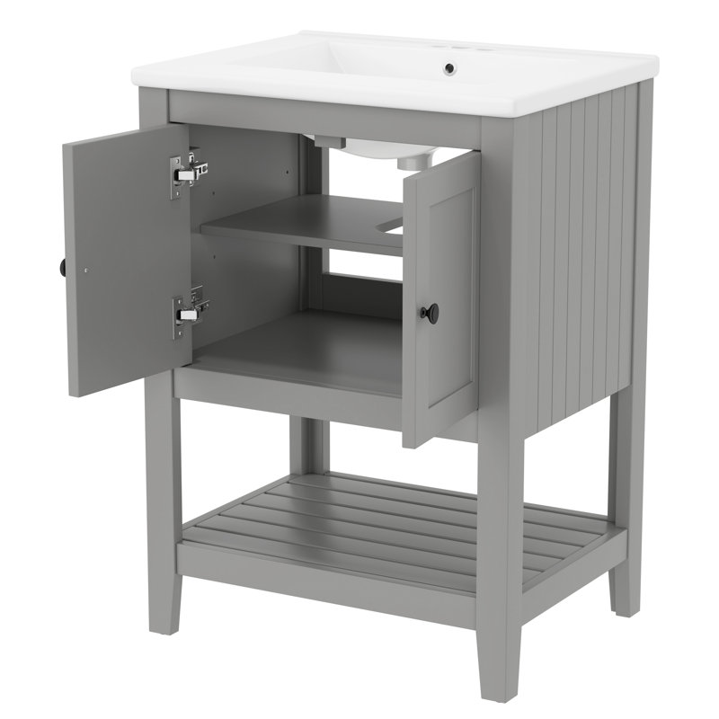 Meuble-lavabo gris de 61 cm (24 pouces) avec lavabo en céramique et cadre en bois massif