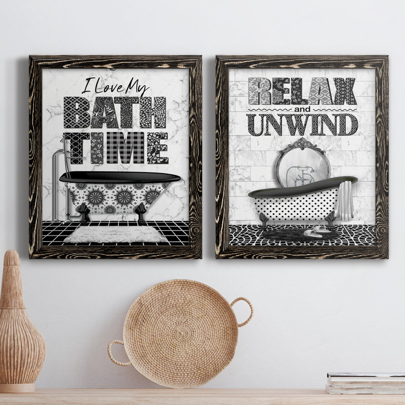 «Bath Time», ensemble de 2 encadrements d'art textuel sur toile, Toile encadrée noire, H 24 po x l 36 po x P 1,5 po