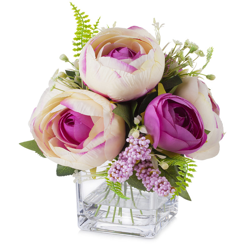 Arrangement floral pivoines en soie dans un vase, Mauve / beige