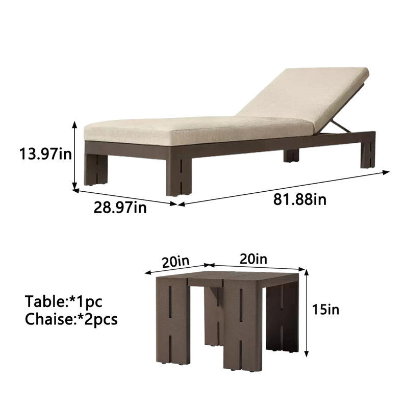 Outdoor All-aluminum Pool Loungers By The Sea Outdoor Chaise Lounge Set with Table , Cushion Included, Brown
