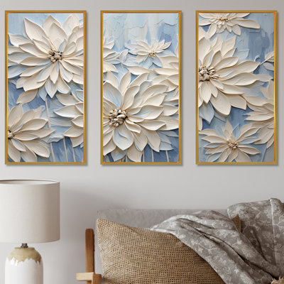 Minimal White Ang Grey Cornflowers Impression - Ensemble de salon art mural bleuets