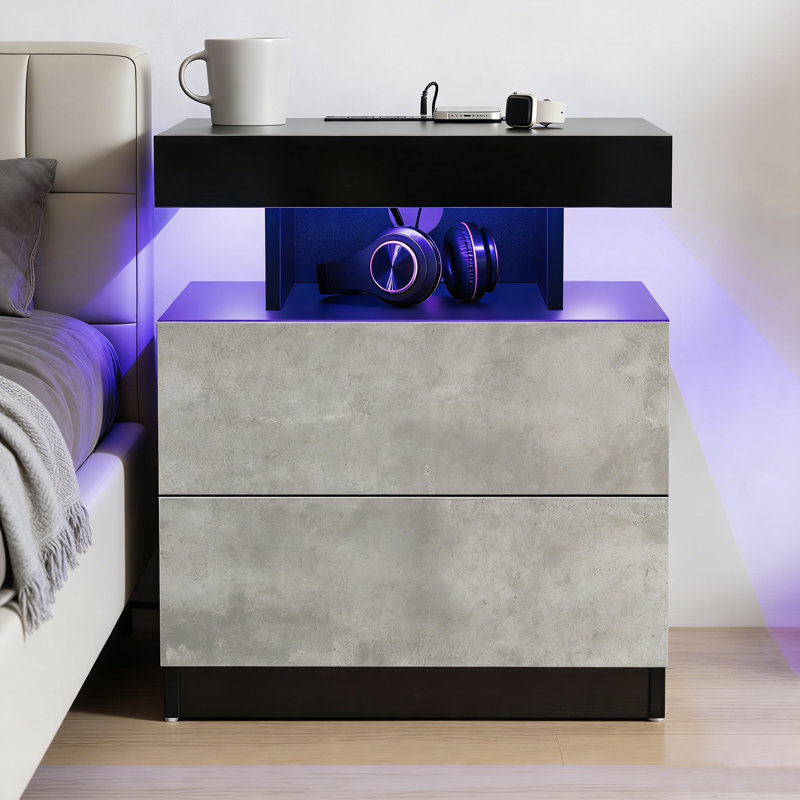 Chappa 2 - Drawer Nightstand with Wireless Charging Station & Smart LED Lights, Gray/Black